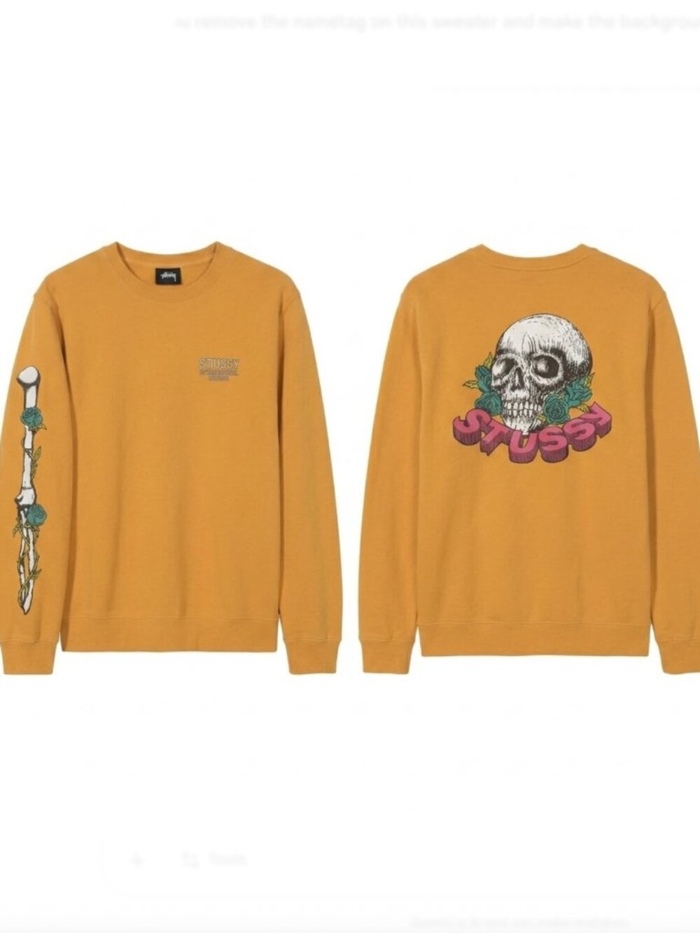 Stüssy Skull Roses Crewneck Orange Rare Y2K Streetwear Sweater Small